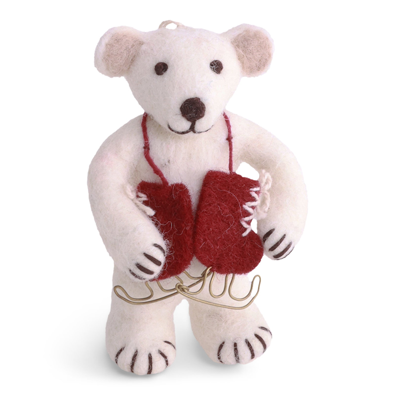 Ornamento Feltro Orso Polare Con Pattini H10c White Red