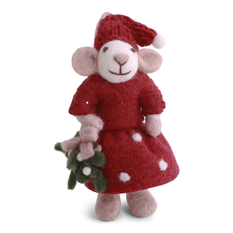 Ornamento Feltro Topolina Con Vischio H12cm Vestito Rosso
