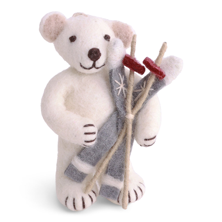 Ornamento Feltro Orso Polare Con Sci H10cm White Grey