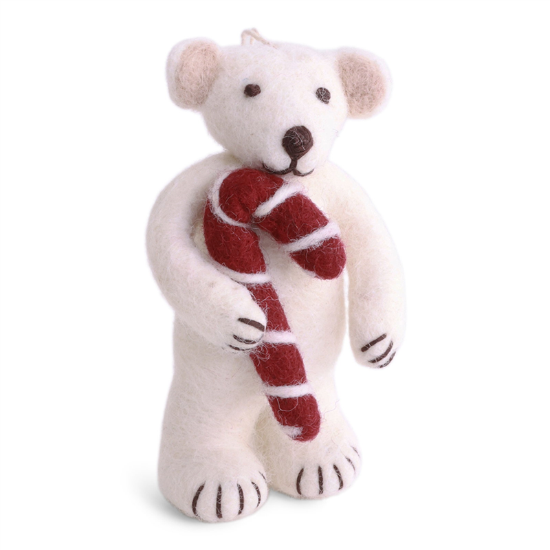 Ornamento Feltro Orso Polare Con Candycane10 White Red
