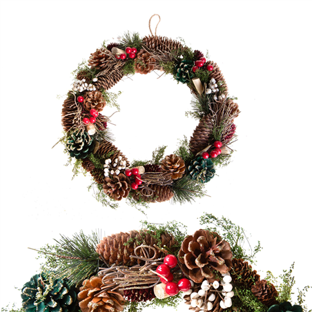 Corona D36cm Pigne Abete Bacche Rosse