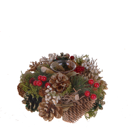 Portacandela Pigne Bacche Rosse Bianche 22cm
