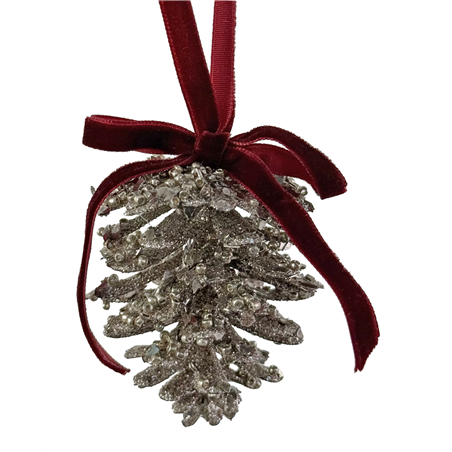 Ornamento Pigna Argento Strass Fiocco Velluto Argento Rosso