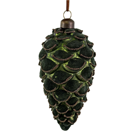 Ornamento Pigna Vetro Velluto Perline 14cm Green