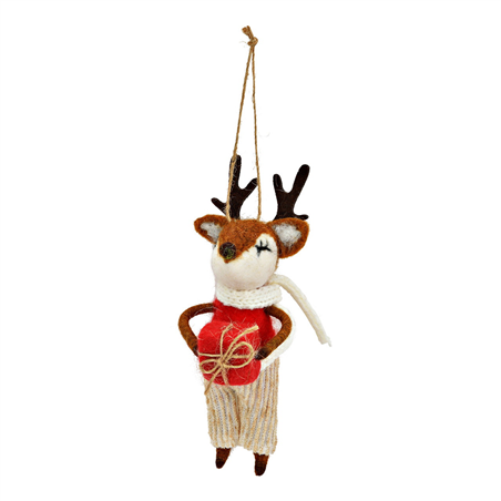 Ornamento Feltro Renna Con Pacco Dono 15cm White Red
