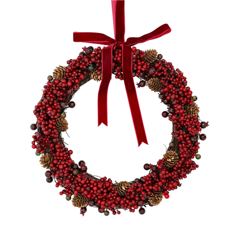 Corona D34cm Bacche Rosse Pigne Fiocco Vellut