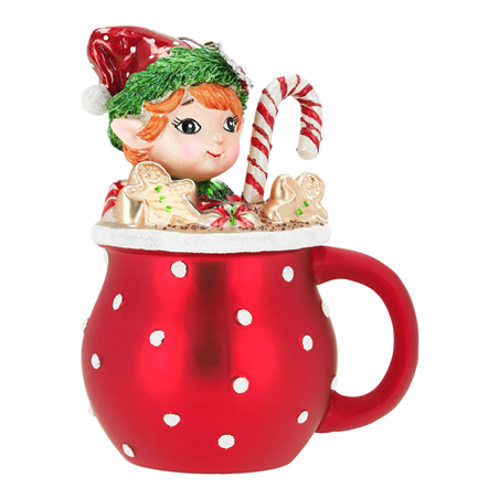Ornamento Vetro Elfo Nella Tazza 13cm Red White