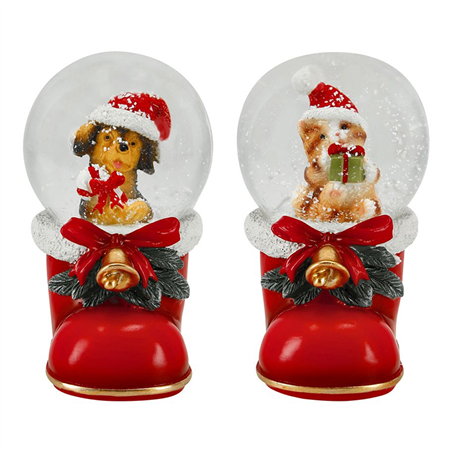 Boule Vetro Scarpone Con Cane/gatto 8.5cm Red White