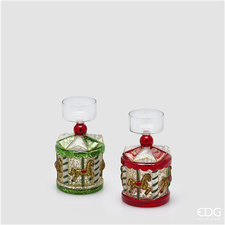 Portacandela Vetro Giostra H13cm D7cm Green Red