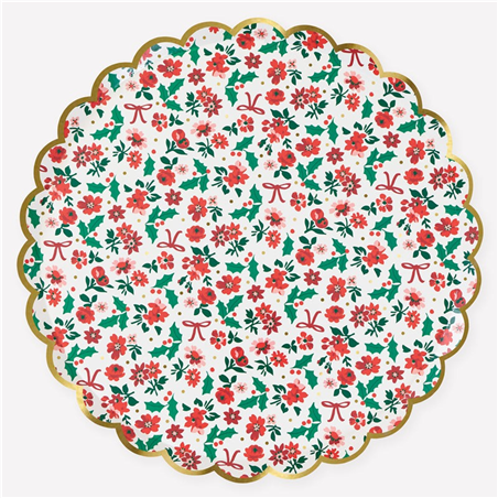 Piatto Carta 27x27cm 8pz Natale Merimeri Holly Ditsy