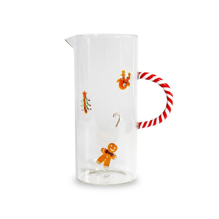 Caraffa In Vetro Con Deco Natale 1,3l H23cm Omino Di Pan Di Zenzero