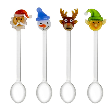 Cucchiaini In Vetro   Da Caffè Natale 4pz Babbo Natale, Pupazzo Neve, Elfo,renna