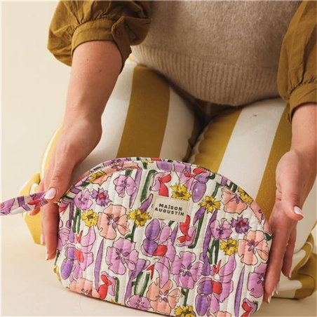 Trousse Makeup 100% Cotone 25cm X19cm Zip Flower Lilla