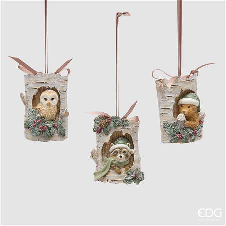 Ornamento Resina Animali Nel Tronco H9cm Multicolor